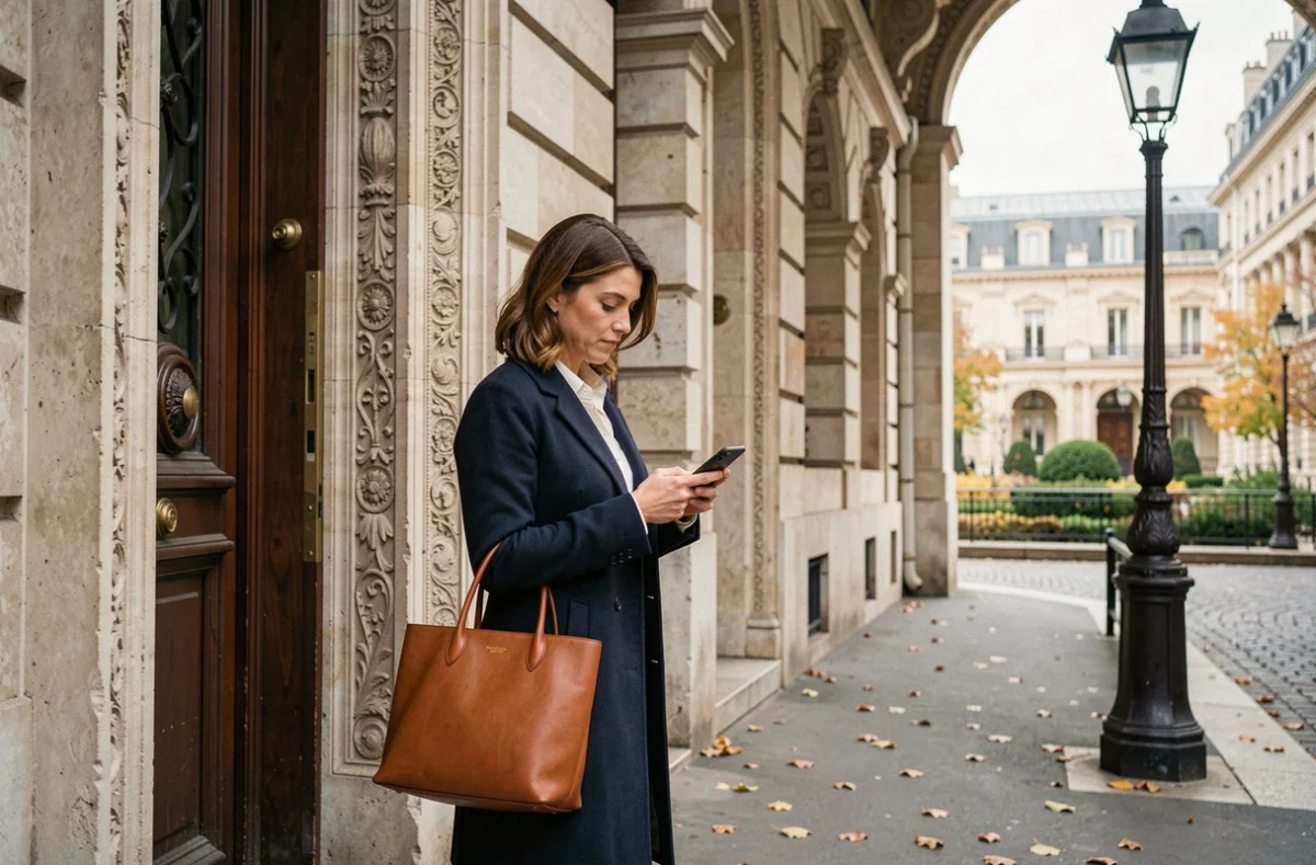 Femme professionnelle devant un immeuble parisien proche de la rue Vivienne et du Palais-Royal