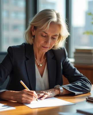 Femme réfléchissant à une lettre dans son bureau lumineux