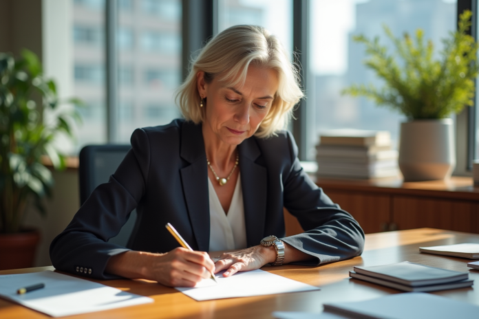 Femme réfléchissant à une lettre dans son bureau lumineux
