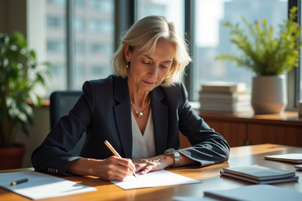 Femme réfléchissant à une lettre dans son bureau lumineux