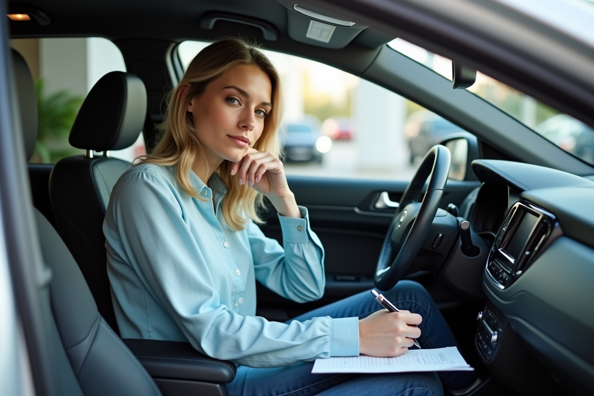 Jeune femme concentrée remplissant des papiers dans une voiture en concession
