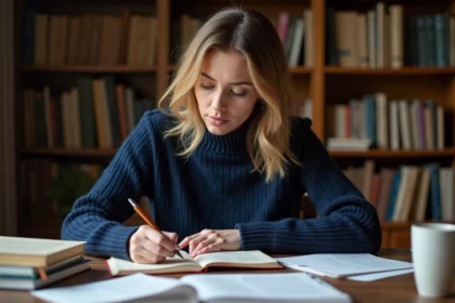 Femme concentrée révisant les règles du participe passé dans un cahier de grammaire française posé sur un bureau en bois