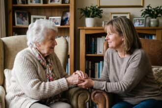 Femme senior entourée de sa famille, évoquant la dignité en fin de vie
