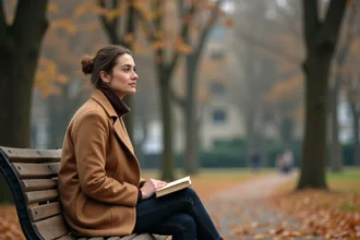 Femme seule et pensive assise sur un banc de parc en automne, illustrant la solitude choisie et la réflexion intérieure