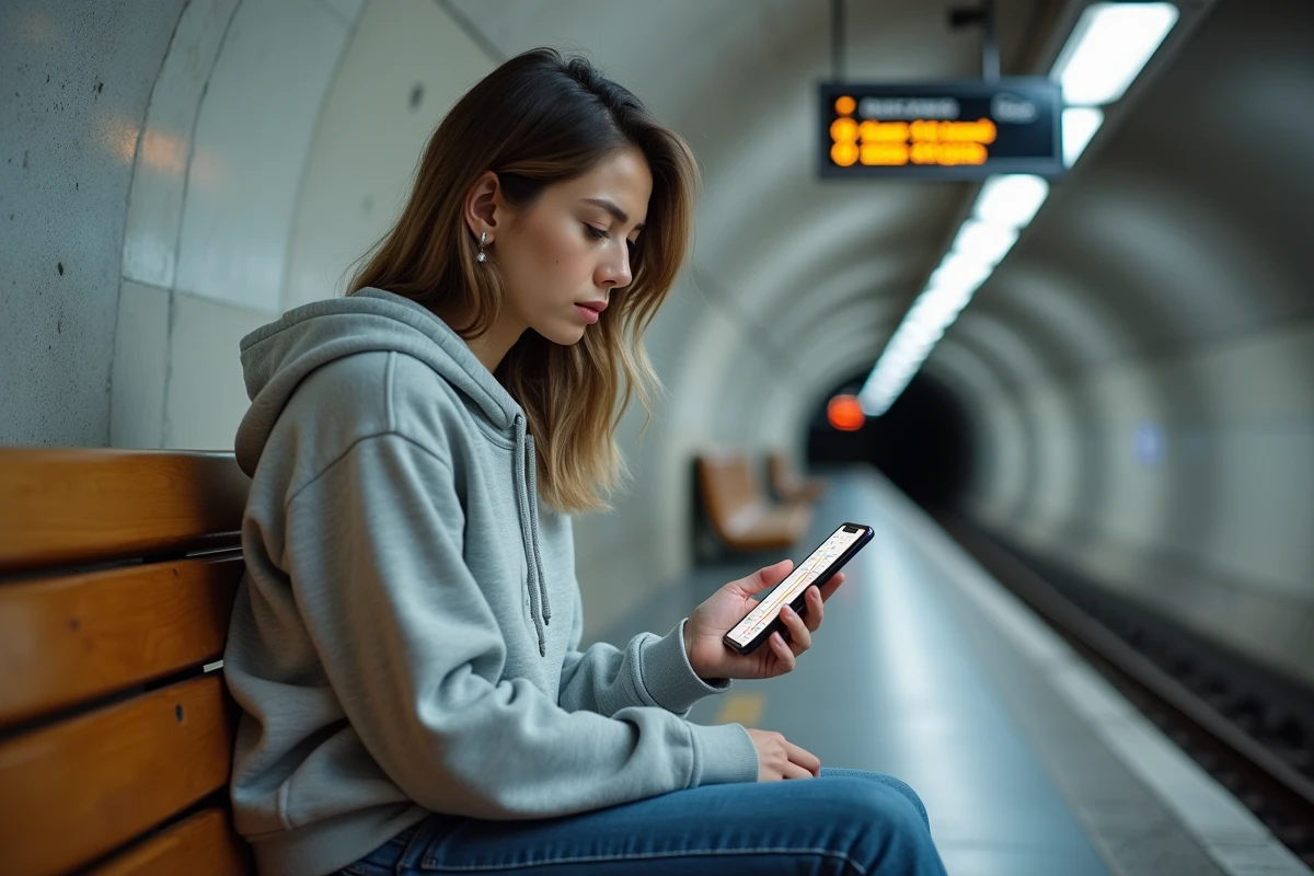Une jeune femme consulte le plan numérique du métro de Paris avec les nouvelles lignes 2026 sur son smartphone dans une station rénovée