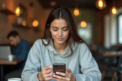 Jeune femme consultant son forfait Lycamobile 30 euros sur son smartphone dans un café moderne
