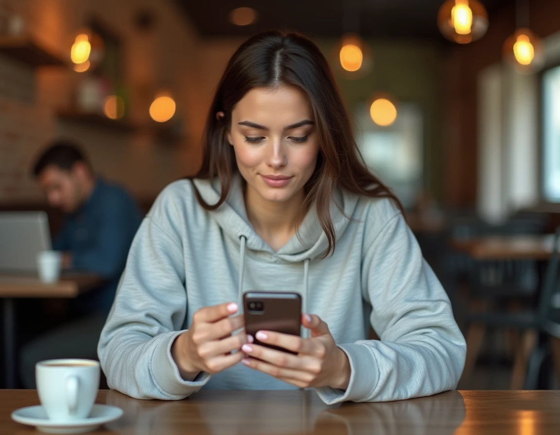 Jeune femme consultant son forfait Lycamobile 30 euros sur son smartphone dans un café moderne