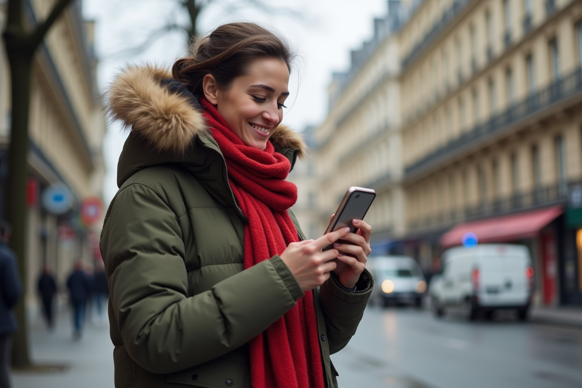 Jeune femme souriante avec smartphone à Paris