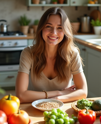Jeune femme souriante dans la cuisine au matin avec légumes et vitamines B5