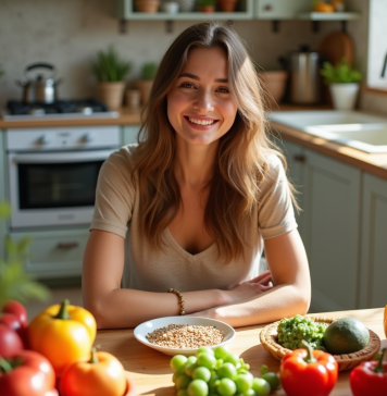 Jeune femme souriante dans la cuisine au matin avec légumes et vitamines B5