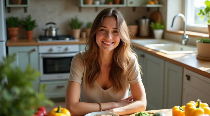 Jeune femme souriante dans la cuisine au matin avec légumes et vitamines B5