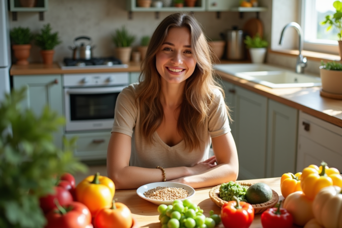 Jeune femme souriante dans la cuisine au matin avec légumes et vitamines B5
