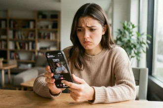 Jeune femme frustrée par un chargement lent de stories Instagram sur son smartphone dans un appartement moderne