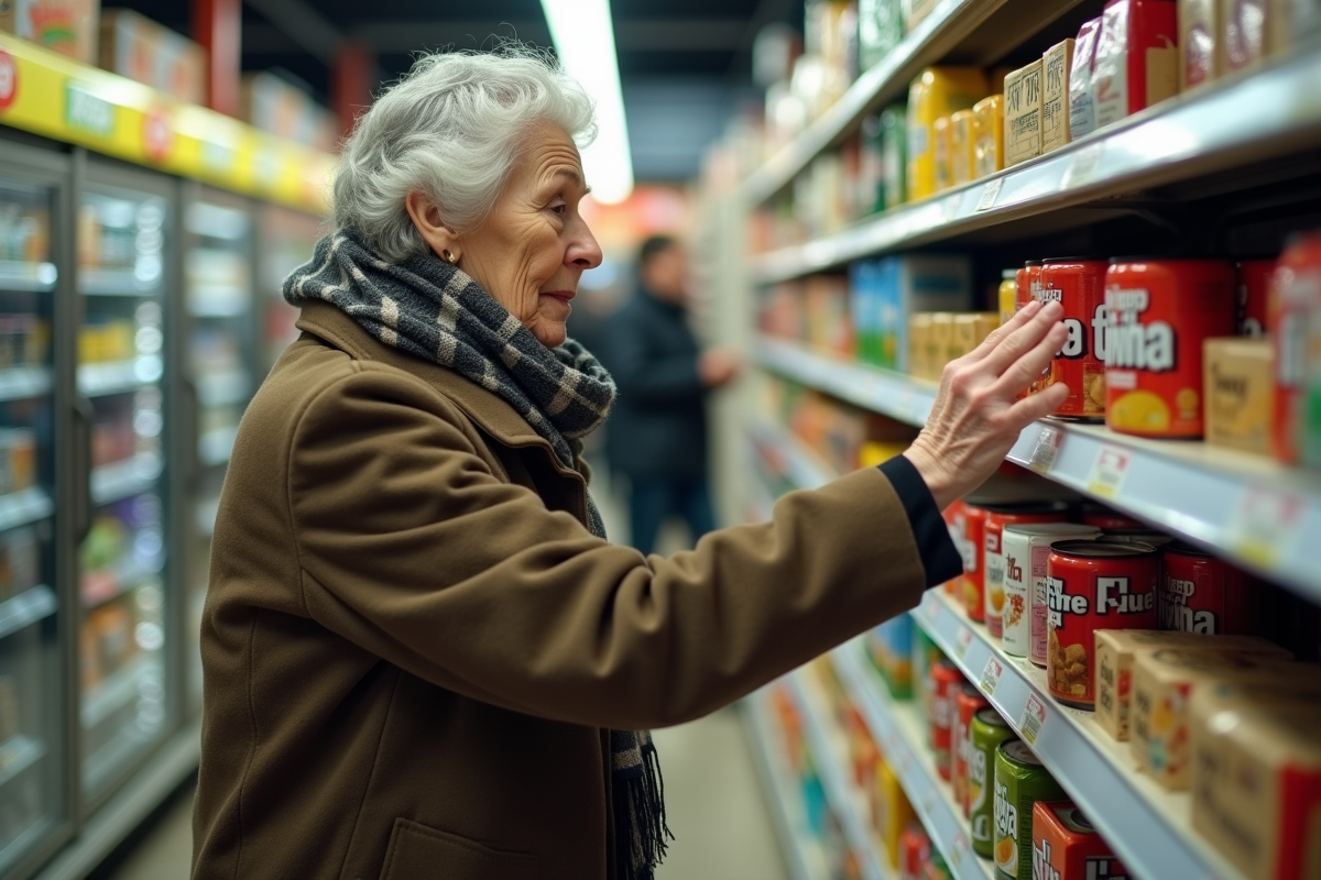 Femme âgée examinant les prix dans un supermarché