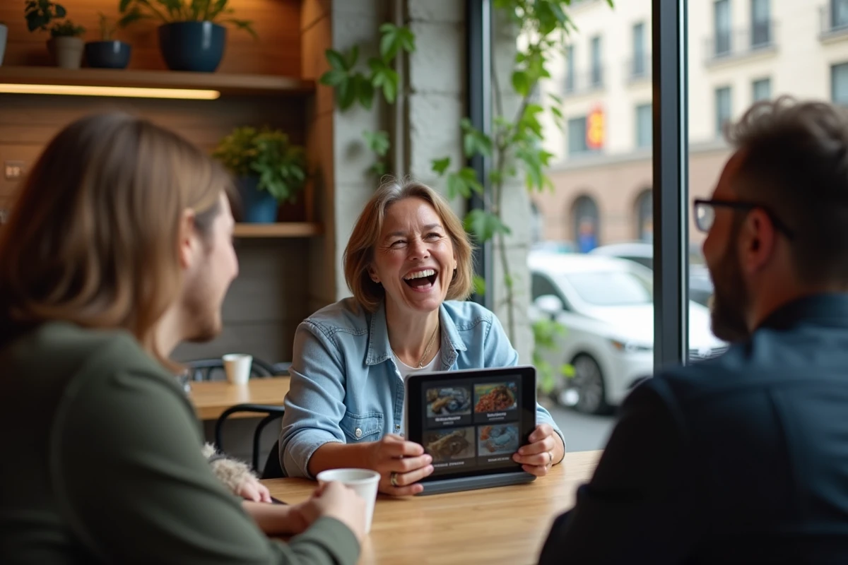 Femme montrant des recommandations de jeux sur une tablette au café