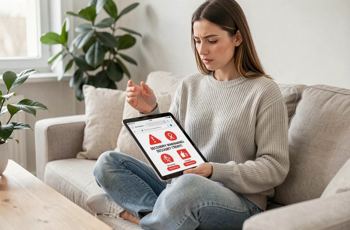 Jeune femme sur un canapé vérifiant un lien suspect sur sa tablette pour éviter les malwares liés aux scans manga