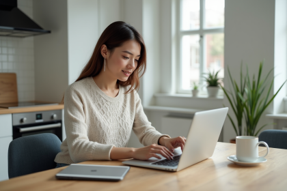 Jeune femme compare des tablettes dans une cuisine moderne