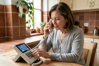 Femme utilisant un téléphone fixe Free avec affichage numérique pour consulter ses messages dans une cuisine moderne
