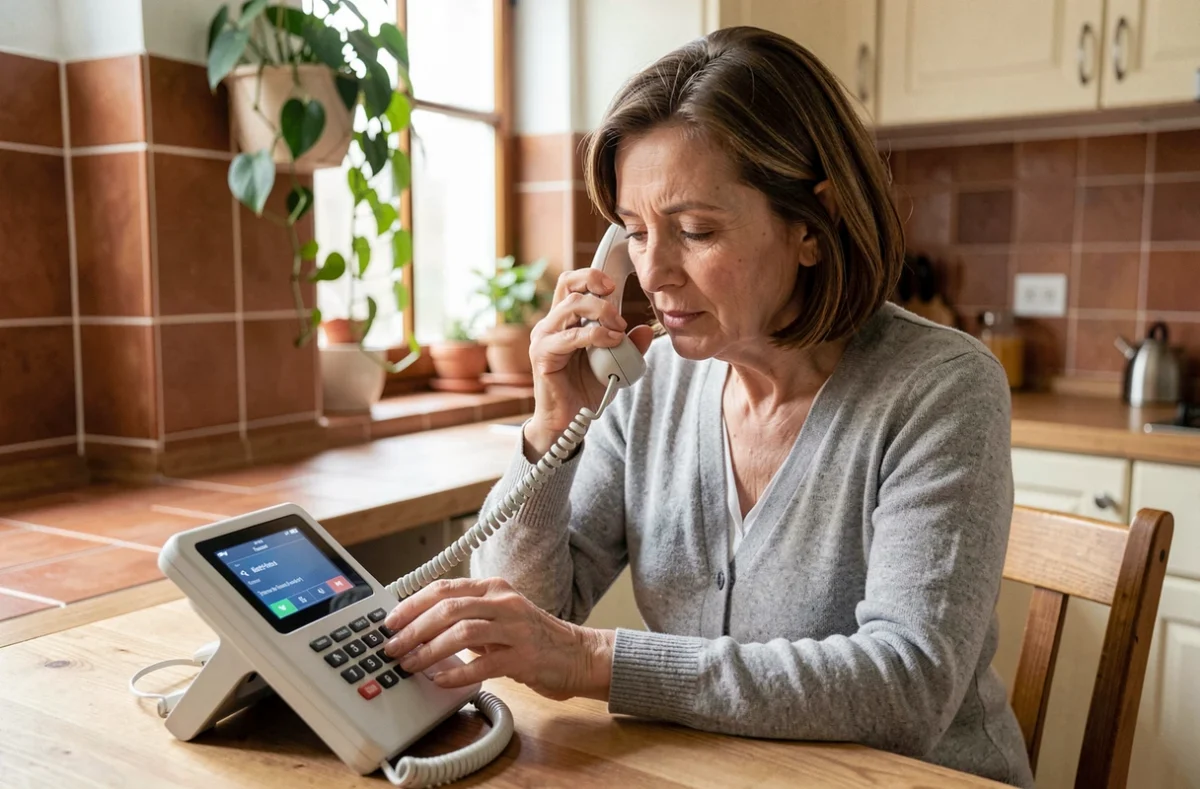 Femme utilisant un téléphone fixe Free avec affichage numérique pour consulter ses messages dans une cuisine moderne