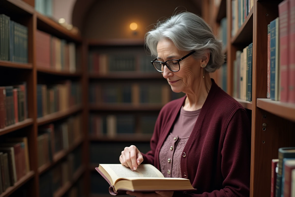Femme d'âge mûr consultant un thésaurus dans une bibliothèque universitaire classique, symbolisant la recherche rigoureuse de synonymes et les bonnes pratiques linguistiques