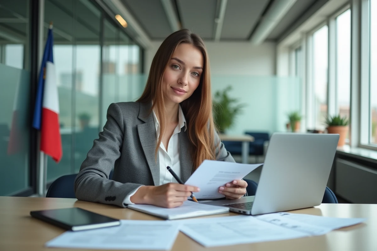 Jeune femme au bureau avec documents fiscaux et ordinateur
