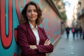 Femme turque en blazer bordeaux devant une fresque féministe urbaine à Istanbul, posture déterminée symbolisant l'activisme féminin en Turquie