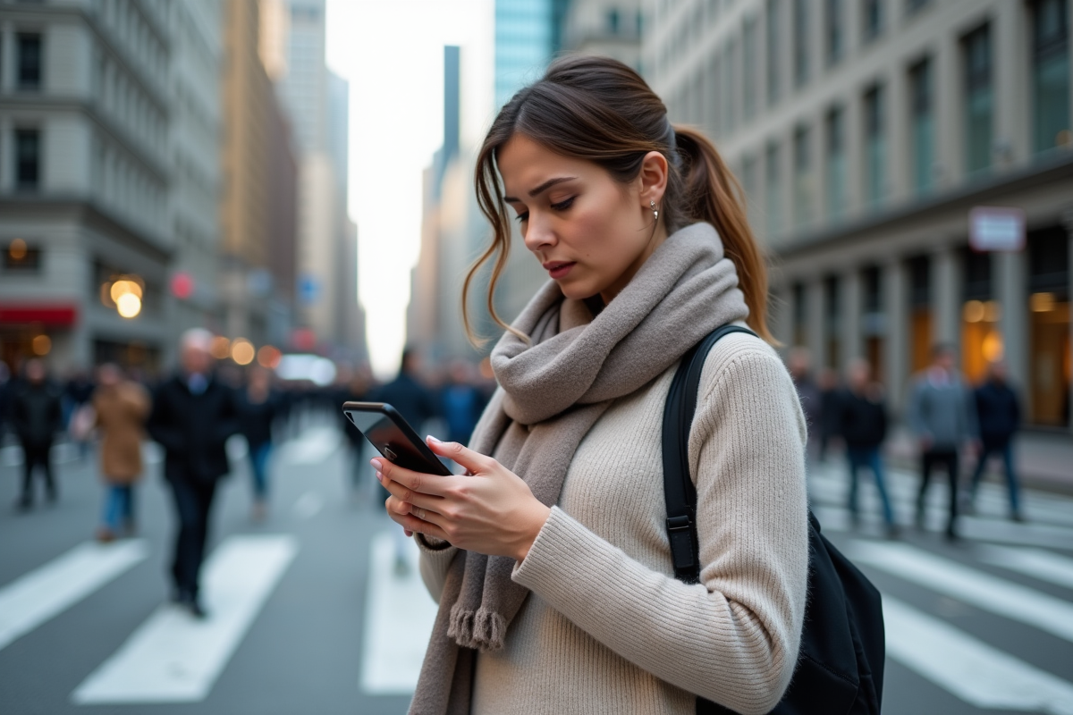 Femme urbaine regardant son smartphone dans la rue