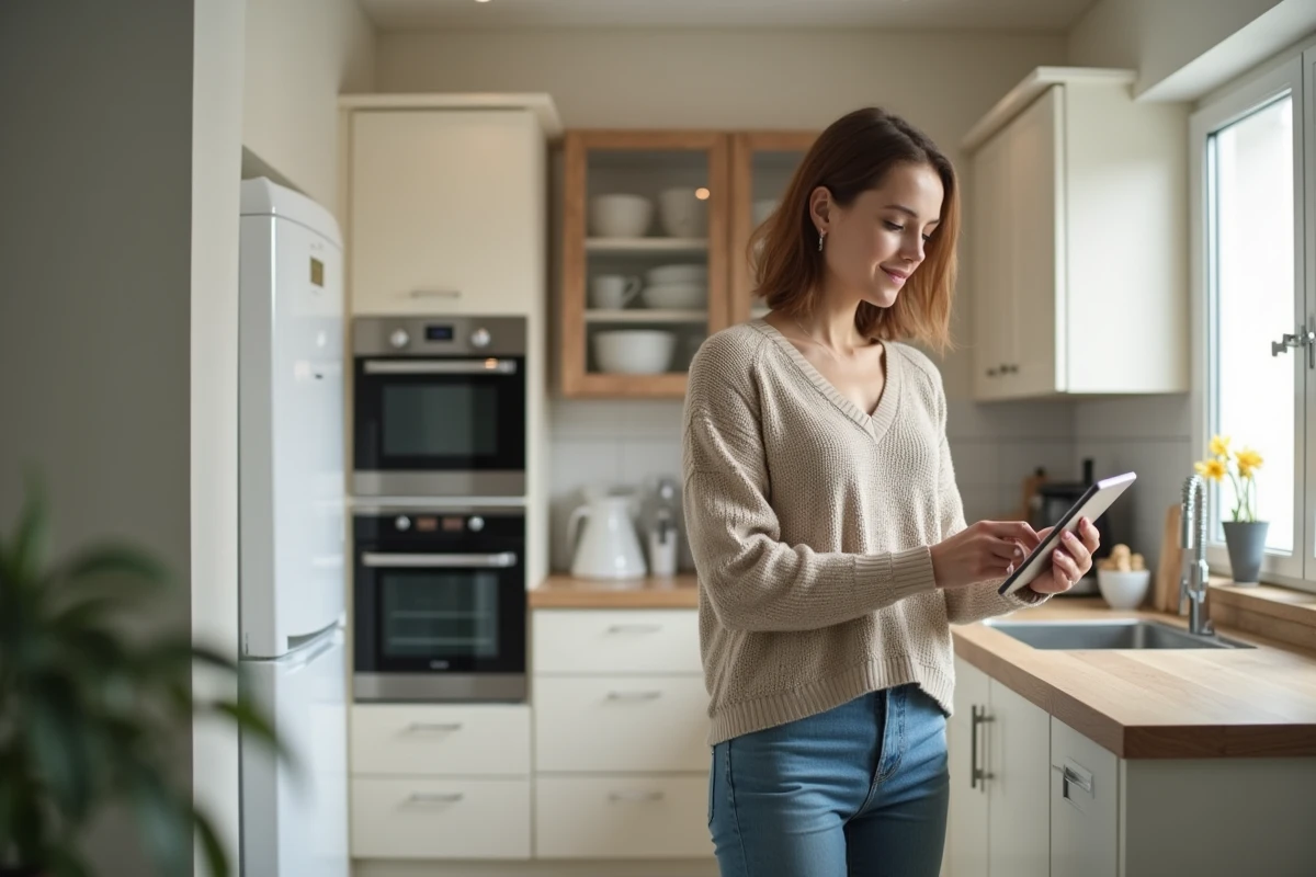 Femme en cuisine utilisant une tablette pour suivre sa consommation d