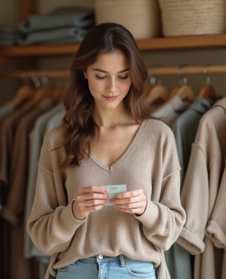 Femme en vêtements écologiques dans une boutique naturelle