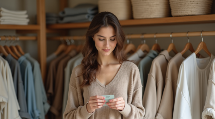 Femme en vêtements écologiques dans une boutique naturelle