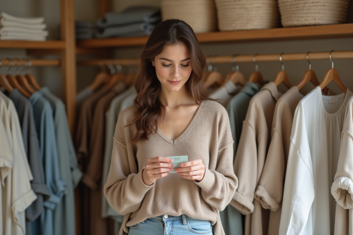 Femme en vêtements écologiques dans une boutique naturelle