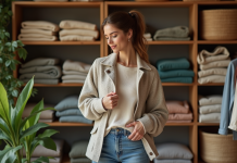 Jeune femme examine l'étiquette de sa veste en boutique
