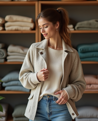 Jeune femme examine l'étiquette de sa veste en boutique