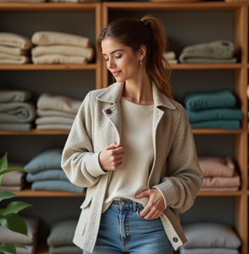 Jeune femme examine l'étiquette de sa veste en boutique