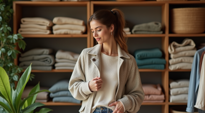 Jeune femme examine l'étiquette de sa veste en boutique