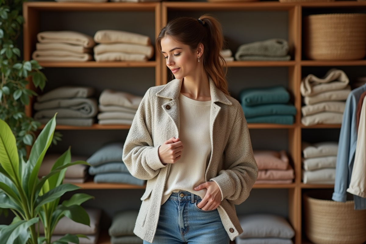 Jeune femme examine l'étiquette de sa veste en boutique
