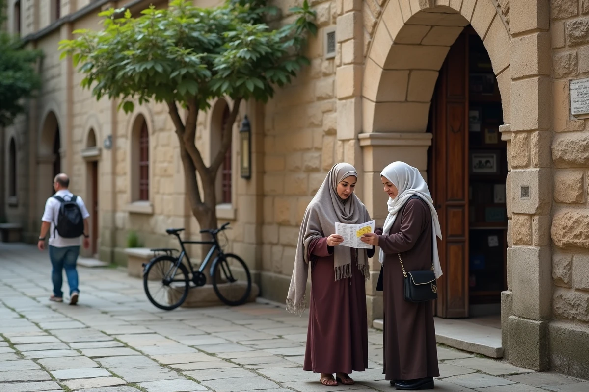 Deux femmes consultent un calendrier de prières devant une mosquée