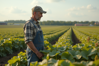 Fermeur au champ avec cultures et plantes abimees