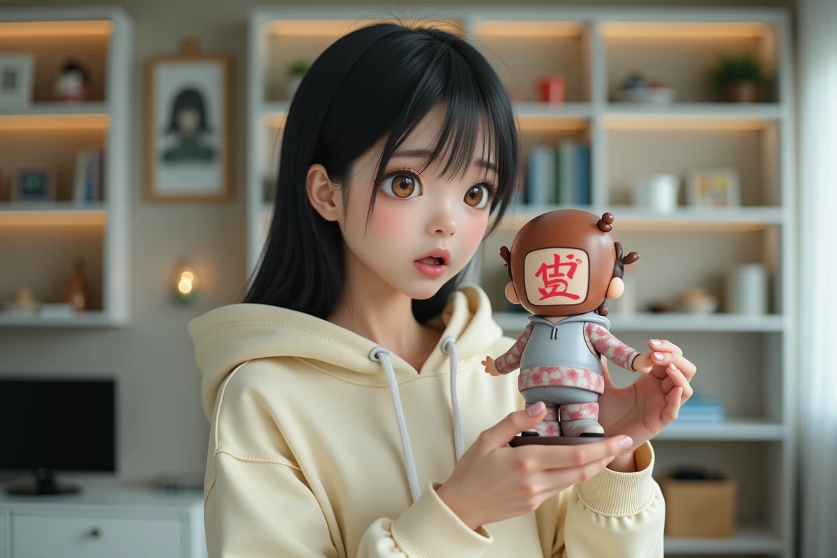 Jeune femme fan de Naruto tenant une figurine du personnage Gaara avec le symbole kanji sur le front