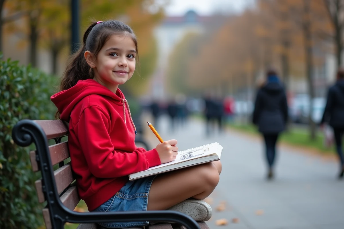 Fille de 12 ans esquissant une scène urbaine dans un parc