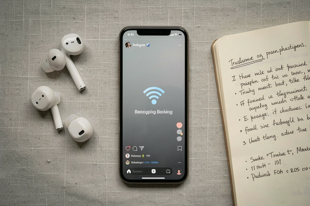 Vue aérienne d'un smartphone affichant Instagram bloqué avec des notes de dépannage sur une surface en lin gris
