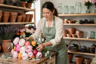 Fleuriste femme arrangeant un bouquet de pivoines et renoncules dans une boutique de fleurs rustique en Centre-Val de Loire
