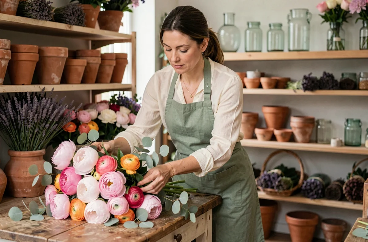 Fleuriste femme arrangeant un bouquet de pivoines et renoncules dans une boutique de fleurs rustique en Centre-Val de Loire