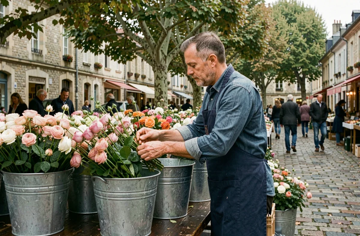 Fleuriste homme sélectionnant des fleurs fraîches sur un marché en plein air dans une ville du Centre-Val de Loire