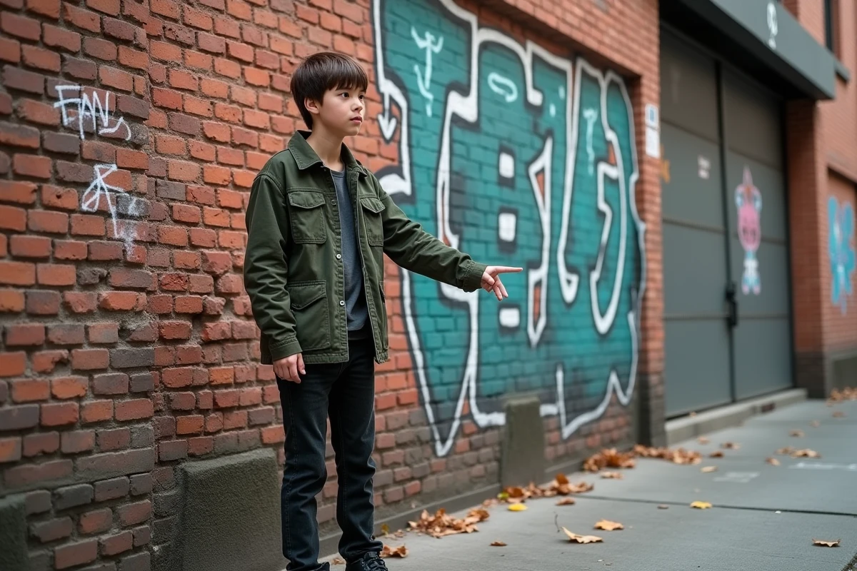 Adolescent fan de Naruto devant une fresque murale urbaine représentant des kanjis d'anime dont le symbole de Gaara