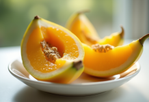 Fruit exotique zsh coupé en deux sur assiette blanche