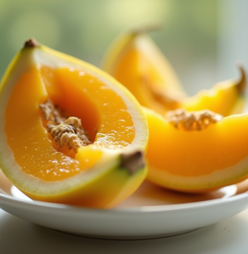 Fruit exotique zsh coupé en deux sur assiette blanche