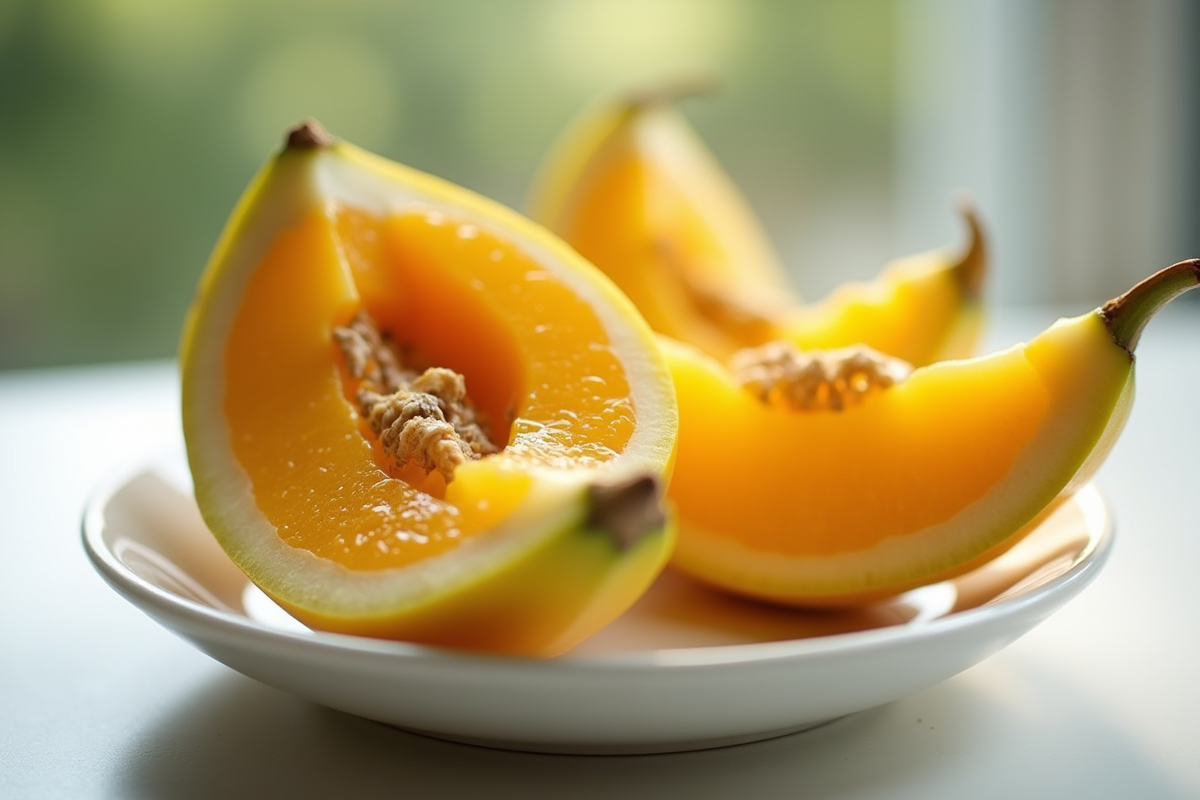 Fruit exotique zsh coupé en deux sur assiette blanche