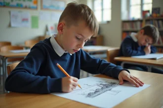 Garçon de 13 ans en classe dessinant un paysage