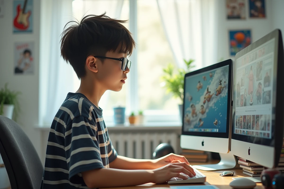 Adolescent avec lunettes recherchant une série sur son ordinateur
